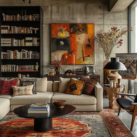 Living Room Designs Eclectic Modern, Eclectic Contemporary Decor, Eclectic Modern Apartment, Vintage Mid Century Living Room, Mid Century Modern Style Interiors, Eclectic Lounge Room, Mix Match Sofas Living Rooms, Moody Eclectic Living Room, Midcentury Modern Eclectic