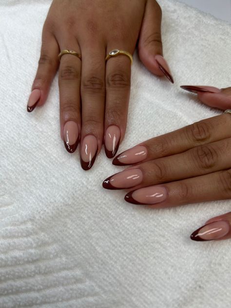 Wpb, FL Brown Round French Tip Nails, Almond Nails Fall Colors French Tip, Almond Nails With Brown Tip, Brown Tip Acrylic Nails Almond, Chocolate Brown French Tip Almond Nails, Chocolate Glazed French Tip Nails, Brown Girls Nails, Brown Crome Nails French Tip, Fall Brown French Tip Nails Almond