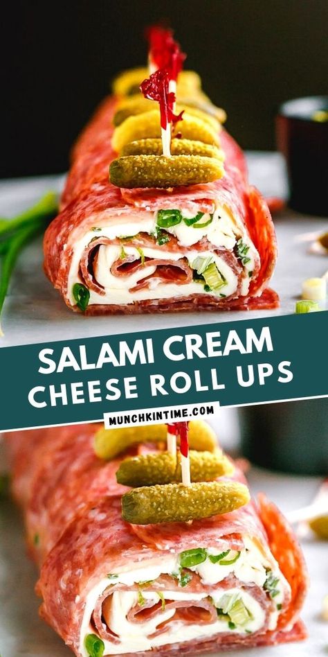 Hard Salami Appetizers, Salami Roll Ups Appetizers, Salami Cream Cheese Roll Ups, Salami Roll Ups, Salami Cream Cheese, Cream Cheese Roll Ups, Salami Rolls, Cheese Roll Ups, Salad Jars