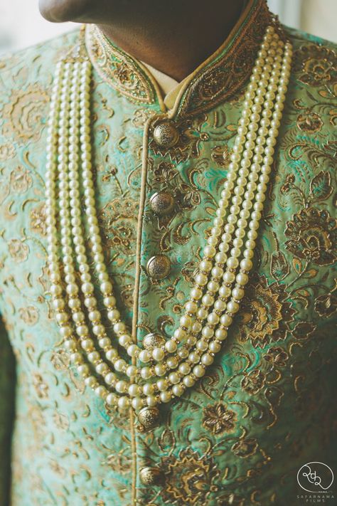 undefined Men Jewellery Indian, Dothi Ceremony, Groom Haldi, Grooms Accessories, Groom Jewellery, Marriage Outfit, Pearls Chains, Indian Wedding Clothes For Men, Pearl Chains