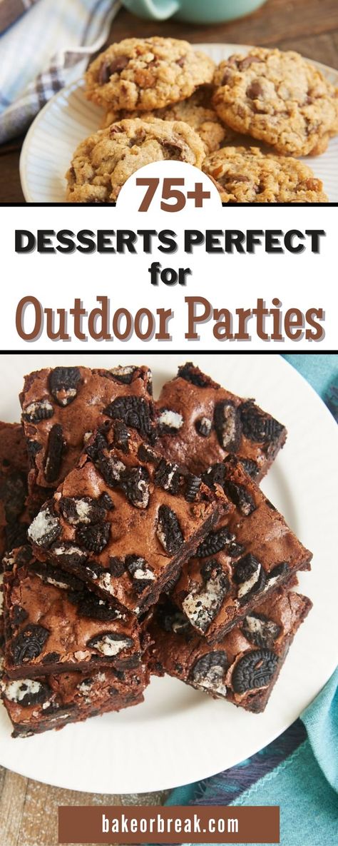 Need some cookout and picnic dessert ideas? These desserts for outdoor parties don’t need refrigeration and won’t get messy in warm weather! This collection of desserts for outdoor parties will serve you well throughout these warm weather months. They don't need refrigeration, they won't melt and they are easily portable. Summer Outdoor Desserts, Picnic Dessert Ideas, Summer Cookout Desserts, Summer Picnic Desserts, Quick Summer Desserts, Picnic Dessert, Baked Goods To Sell, Cookout Desserts, Portable Dessert