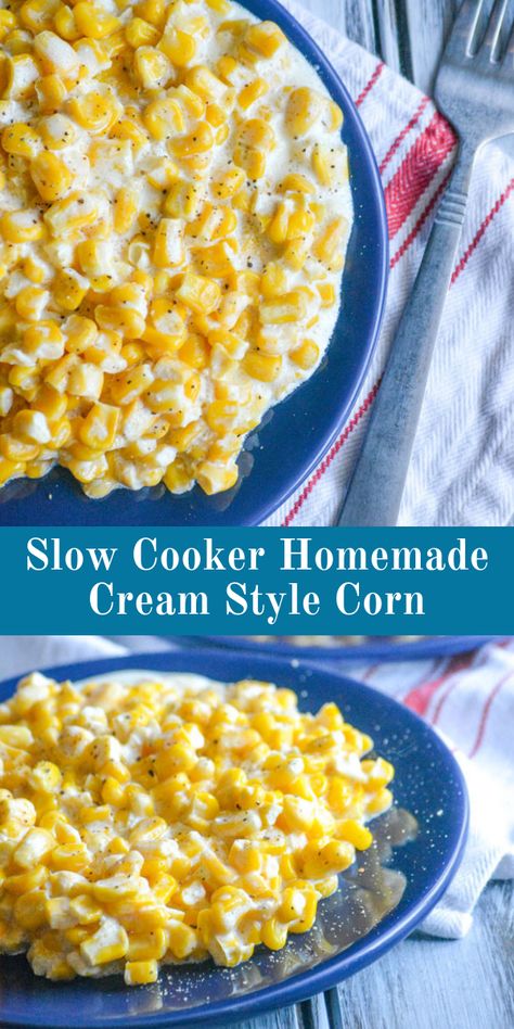 Kick the canned habit, and go with this Slow Cooker Homemade Cream Style Corn instead. Golden corn kernels in a sweet cream sauce, slow cooked to perfection- you'll never regret including this delectable 6 ingredient side dish on your dinner menu. #creamedcorn #recipes #siderecipe Kernal Corn Recipes, Creamed Corn Recipe With Cream Cheese, Cream Corn Crockpot, Sweet Cream Sauce, Cream Corn Recipe Crock Pot, Slow Cooker Corn Casserole, Corn Casserole Crockpot, Sweet Cream Corn, Cheese Corn Casserole