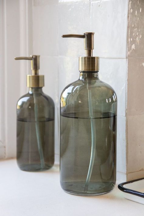 Smoked Glass Soap Dispenser Bottle - Large Bathroom Mirror With Shelf, Ideas Bathroom Decor, Glass Soap Dispenser, Rockett St George, Fotografi Vintage, Soap Pump Dispenser, Hand Soap Dispenser, Soap Dispensers, Bathroom Decor Ideas