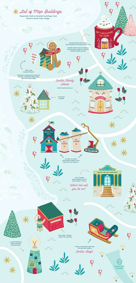 Santa’s North Christmas Village Template Christmas Map Illustration, Workshop Concept Art, Work Christmas Decorations, North Pole Map, Cute Christmas Clipart, Whimsy Christmas, Winter Whimsy, Santa Claus Village, North Pole Christmas