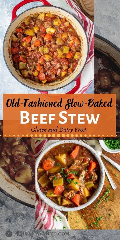 Fork-tender beef, savory potatoes and carrots, slow-baked with tomato and herb goodness! All make this old-fashioned beef stew perfect for the cooler evenings that we're having in early October. Make this for your next company meal! A Meal In Mind @amealinmind #amealinmind #beef #beefstew #slowbaked #dutchoven #roastedstew #lodge #meangreenchef #oldfashionedstew Baked Stew, Old Dinner Recipes, Oven Baked Beef Stew, Baked Beef Stew, Gluten Free Beef Stew, Beef Recipe Ideas, Old Fashioned Beef Stew, Beef Crockpot Recipes, Dinner Recipes Gluten Free