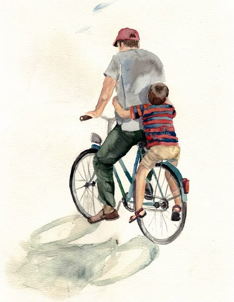 “Father and Son”, a fine art print, 21 x 30 cm on original watercolor paper, 220g/m². It’s also available here at my Monifaktur shop … Childhood Memories Art, Father Art, Mother Art, Bicycle Art, Family Art, Wishes Images, Father And Son, Holiday Gift Guide, 그림 그리기