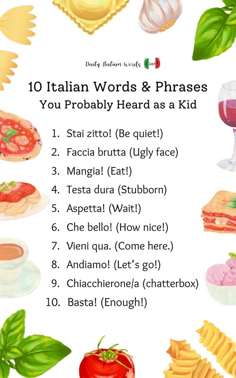 10 Italian Words and Phrases You Probably Heard as a Kid Italian Family, Italian Phrases, Italian Words, Learning Style, Learning Italian, Italian Language, Words And Phrases, Different Languages, A Child