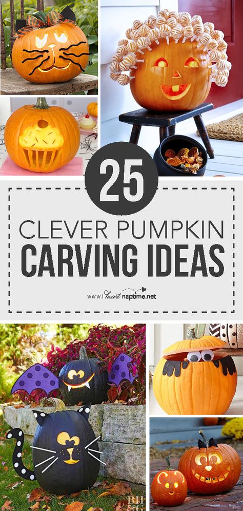 25 Clever Pumpkin Carving Ideas – Creative and adorable pumpkin carving ideas that will bring the whole family together for this favorite fall activity! #pumpkin #pumpkincarving #fall #fallactivities #halloween #halloweenactivities #diy #crafts #iheartnaptime Clever Pumpkin Carving Ideas, Creative Pumpkin Carving Ideas, Halloween Pumpkin Painting Ideas, Halloween Pumpkin Painting, Painted Pumpkin Ideas, Creative Pumpkin Carving, Traditional Halloween, Easy Pumpkin Carving, Carved Pumpkins