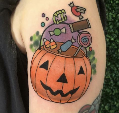 Trick Or Treat Tattoo, Bucket Tattoo, Animal Crossing Tattoos, Tea Cup Tattoo, Pumpkin Tattoos, Virginia Tattoo, Fall Tattoos, Flash Sheet Ideas, Pumpkin Sketch