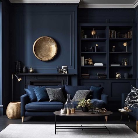 Black Blue Wall Paint, Living Room Inspiration Navy Blue, Navy Living Rooms Ideas, Dark Blue Wall Color Paint Colours, Deep Blue Walls Living Room, Dark Blue Gold Living Room, Dark Blue Study Room, Dramatic Sitting Room, Navy Paint Living Room