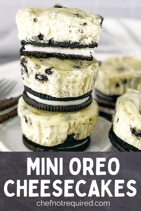 A stack of individual Oreo cheesecakes on a white plate with a fork. Oreo Cheesecake Bites No Bake, Mini Oreo Cheesecake Cupcakes, Oreo Mini Cheesecake, Deserts Recipes Easy, No Bake Oreo Cheesecake Bites, Individual Desserts For Parties, Mini Oreo Cheesecake Bites, Cookies And Cream Dessert, Oreo Cheesecake Cups