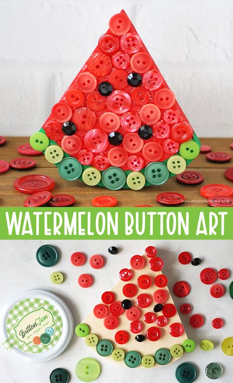 Watermelon Button Art | artsy-fartsy mama August Kids Crafts, June Activities, June Crafts, Watermelon Crafts, August Crafts, Charm Party, Watermelon Art, Rainy Day Crafts, Crafts For Seniors