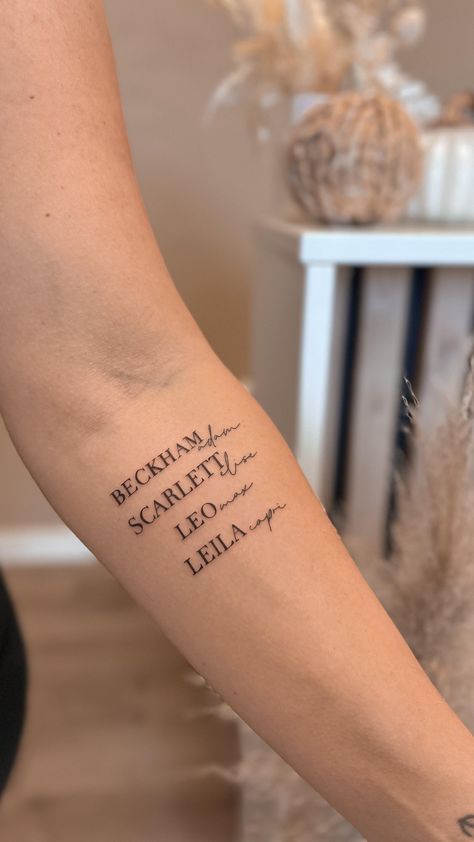 Instagram Birthday Time Tattoo, Tattoos To Get For Your Daughter, Single Line Name Tattoo, Arm Tattoos For Women Dainty, Tattoos For Mom From Daughter, Always Come Home Tattoo, Tattoos For Moms Of 3, Tattoo About Son, Name Tattoo Back Of Arm