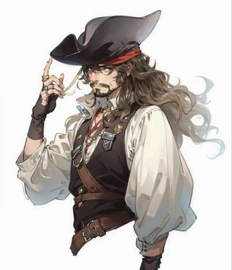 Fantasy Sailor Outfit Male, Old Pirate Character, Pirate Dnd Art, Pirate Character Art Male, Pirate Captain Character Design, Pirate Character Design Male, Male Pirate Oc, Pirate Poses Reference, Pirate Dnd Character