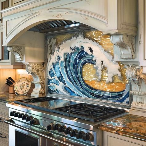 Ocean Aesthetic Kitchen, Ocean Theme Kitchen, Ocean Themed Kitchen, Beach Theme Kitchen Ideas, Sea Room Ideas, Beach Theme Kitchen, Coastal Kitchen Ideas, Board Walk, Beachy Room Decor