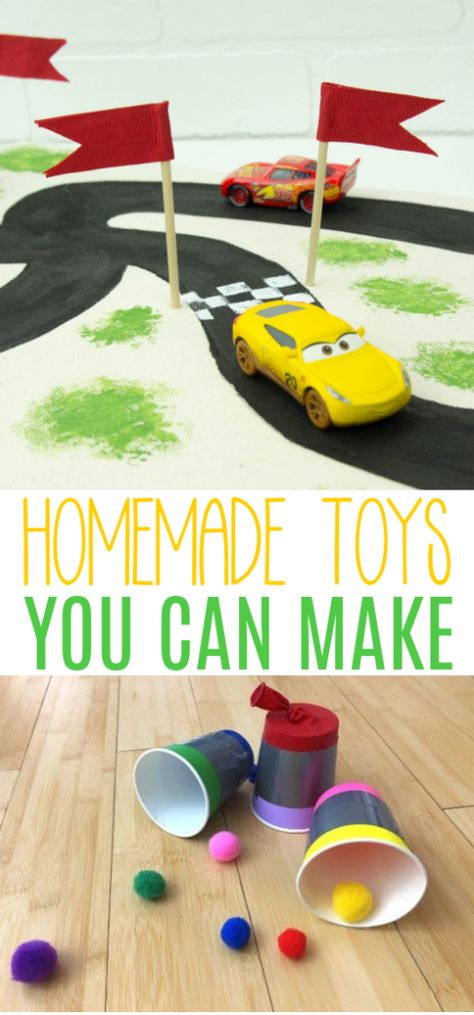 Think you can’t make your own toys for your kids? Think again. We have rounded up some really fun ideas for homemade toys you can make. These are perfect for rainy day activities or to give as a gift.We’ve got a racetrack, a marble run, memory game, doll furniture, and more. There’s something here for everyone who’s young or young at heart. Diy Toys For Preschoolers, Easy Toys To Make For Kids, Handmade Toys Diy, Homemade Toys For Kids, Diy Toys For Toddlers, Toy Crafts For Kids, Toys For Kids To Make, Homemade Gifts For Kids, Homemade Kids Toys