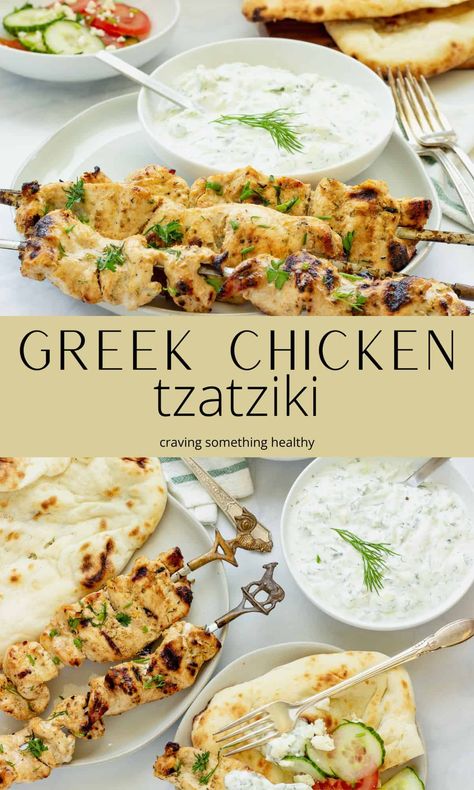 A delicious Mediterranean diet staple! Chicken tzatziki is tender, Greek yogurt marinated chicken served with a cucumber, dill, and yogurt tzatziki sauce. Keto Tzatziki Sauce, Taziki's Chicken Recipe, Tzatziki Marinated Chicken, Taziki Sauce Recipe Meals, What To Eat With Taziki Sauce, Chicken With Greek Yogurt Sauce, What To Serve With Tzatziki Sauce, Chicken And Taziki Sauce, Greek Cucumber Sauce Tzatziki