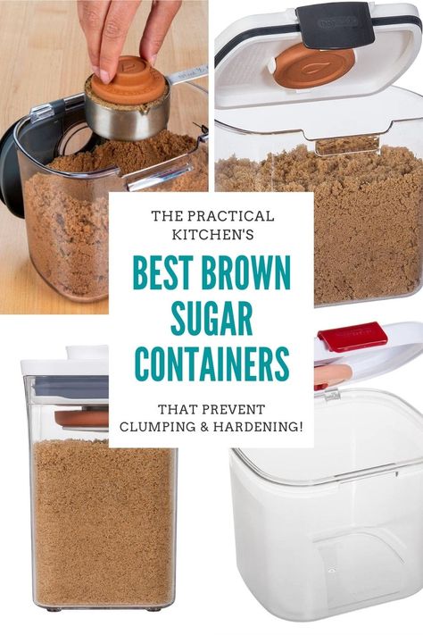 Brown sugar is a baking pantry staple, but how do you keep brown sugar from hardening? You need the right brown sugar container! Especially if you don't use brown sugar that often. These containers were designed specifically for brown sugar, and with brown sugar's unique storage container needs in mind. Each one has an airtight seal and built-in reusable terra cotta disk that can keep brown sugar soft for up to six months. Sugar And Flour Storage Ideas, Flour And Sugar Containers On Counter, Storage Container Ideas, Flour And Sugar Containers, Baking Pantry, Baking Organization, Flour Storage, Make Brown Sugar, Sugar Dispenser