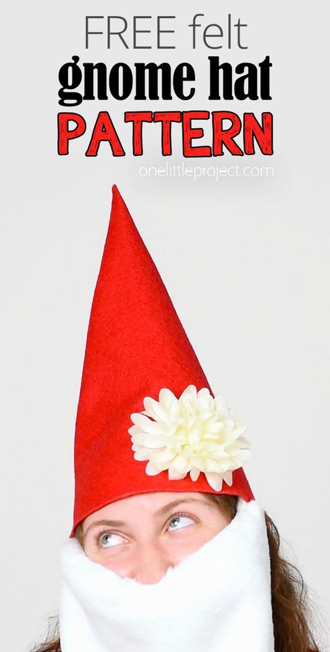 Gnome Hat Pattern | DIY Felt Gnome Hat (Free, Printable Template!) Gnome Hat Adult, How To Make A Gnome Hat For Costume, Mini Gnome Hats, Adult Gnome Hat Pattern, Make A Gnome Hat, Gnome Apron Pattern, Gnome Hat Felt, How To Make A Gnome Hat Out Of Felt, Free Gnome Hat Pattern