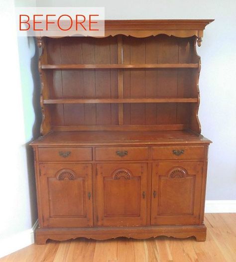 s 8 hutch makeovers we can t stop looking at, painted furniture, Before An old fashioned wood hutch Farmhouse Hutch Makeover, Hutch Makeover Diy, Small Living Room Makeover, China Hutch Makeover, Hutch Furniture, White Hutch, Living Room Makeover Ideas, Vintage Hutch, Tv Center