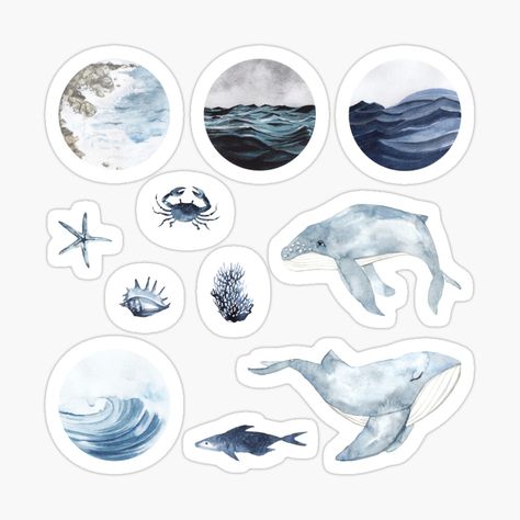 Sea Aesthetic Sticker, Elemental Blue Aesthetic, Blue Theme Stickers Printable, Sea Stickers Aesthetic, Watercolor Stickers Printable, Ocean Aesthetic Stickers, Ocean Themed Stickers, Sea Life Stickers, Ocean Stickers Printable