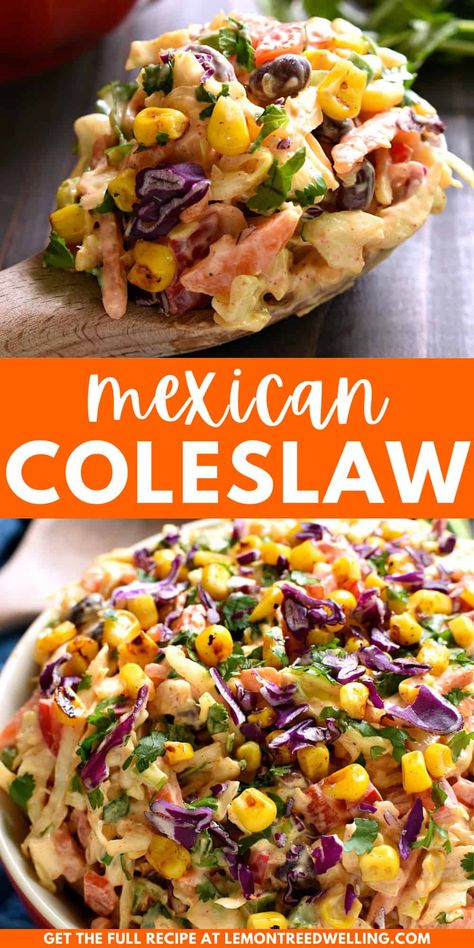 This Mexican coleslaw combines all the Mexican flavors you love in a deliciously creamy coleslaw! Packed with black beans, fresh cilantro, bell peppers, and taco seasoning... it's the perfect side dish for potlucks, picnics, or summer bbqs! Salads Made With Coleslaw, Mexican Corn Slaw Recipe, Hot Coleslaw Recipe, Recipe With Coleslaw, Corn Coleslaw, Mexican Coleslaw, Lemon Tree Dwelling, Salad Coleslaw, Plats Ramadan