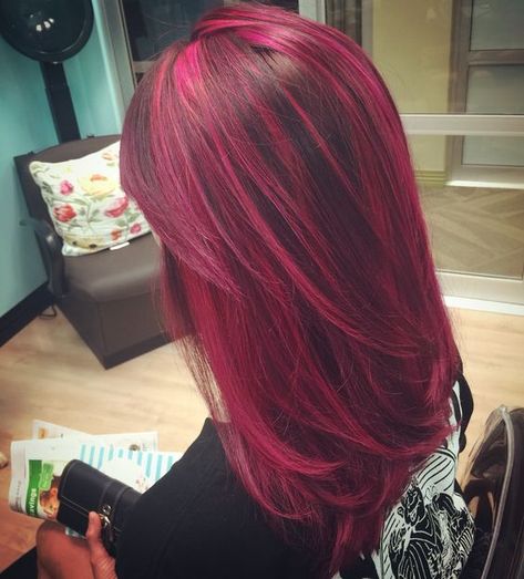 Brown Hair With Magenta Highlights, Black Hair With Magenta Highlights, Purple Underneath Hair, Magenta Highlights, Curly Balayage Hair, Magenta Hair Colors, Pink Hair Highlights, Pink Hair Streaks, Witchy Hair