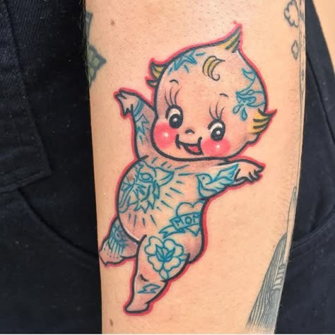 Traditional Baby Tattoo, Traditional Kewpie Tattoo, Traditional Tattoo Baby, Kewpie Tattoo, Kewpie Art, Baby Tattoo, Doll Tattoo, Traditional Tattoo Sleeve, Tattoo Old School