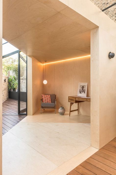 Triangle House, Hidden Lighting, Plywood Interior, Yellow Cloud, Plywood Walls, Light Hardwood, Light Hardwood Floors, Plywood Flooring, Office Pods