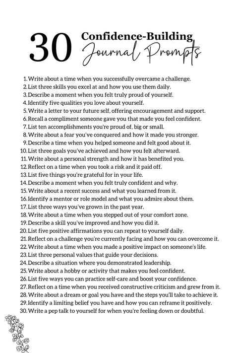 Feeling stuck or doubting yourself? These 30 confidence-building journaling prompts are here to help! Take some time to reflect, recognize your strengths, and overcome challenges. These prompts are designed to empower and uplift you. Ready to boost your confidence and embrace your best self? Start your journey with these prompts today. Perfect for anyone looking to grow, build confidence, and improve themselves. Journal Prompts Challenges, Journal Prompts For Self Discipline, Confidence Shadow Work Prompts, Get To Know Yourself Journal Prompts, Journal Prompts For Trust Issues, Self Confidence Journal Prompts, Confidence Journal Prompts, Self Confidence Building, Confidence Building Exercises