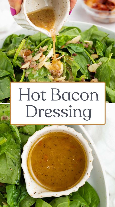 This hot bacon dressing is creamy and savory with just a hint of sweetness! Finish off your favorite salad or veggies with this simple and flavorful dressing. Spinach Salad Recipes Dressing, Salad Recipes Dressing, Hot Bacon Dressing Recipe, Bacon Dressing Recipe, Spinach Salad Dressing, Warm Bacon Dressing, Hot Bacon Dressing, Homemade Salad Dressings, Bacon Dressing