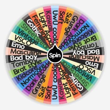 Spin the wheel to randomly choose from these options: Masculine, Emo, VSCO, Vintage , Streetwear, Gothic, Feminine, Light Academia , Kawaii, UwU cookie girl , Soft , Suit, Grunge , Dark Academia , Normcore, Kidcore, Brat style, Tomboy, Bad boy! Wheel Of Aesthetics, Aesthetic Spin The Wheel, Aesthetic Wheel Spinner, Gacha Spin The Wheel, Oc Wheel Challenge, Spin The Wheel Gacha Oc, Spin The Wheel Oc Challenge, Oc Spin The Wheel, In My Style Drawing