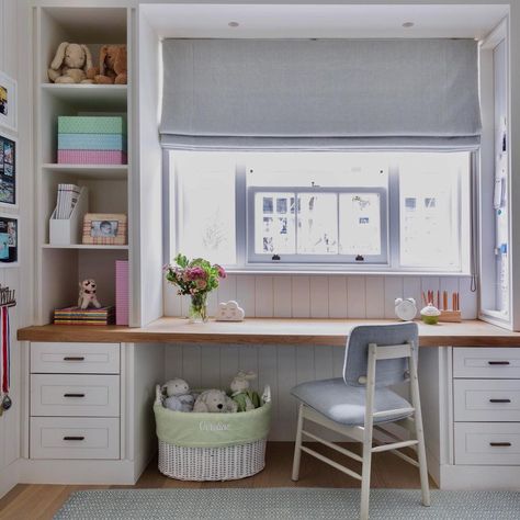 Kids Window Desk, Window Built In Desk, Study Desk In Front Of Window, Cupboard With Desk Built Ins, Desks In Front Of Windows, Built In Shelf And Desk, Desk Built In Around Window, Built In Desk Below Window, Window Desk Bedroom