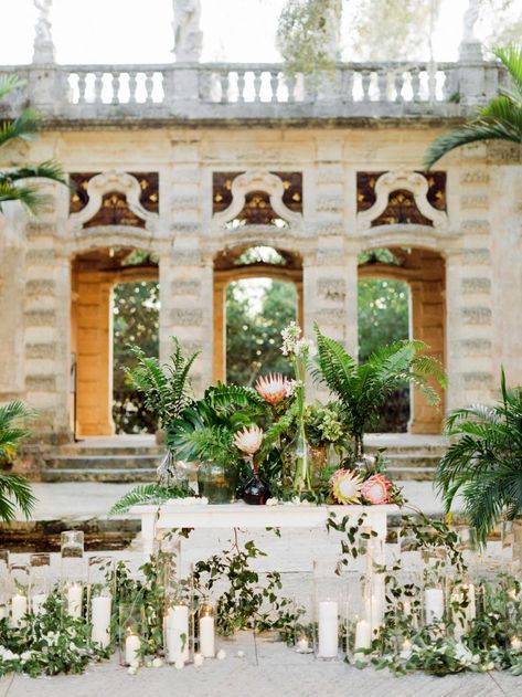 Destination Wedding Diy, Vizcaya Wedding, Pillar Candles Wedding, Ivory Pillar Candles, Garden Wedding Venues, Miami Wedding Venues, Destination Wedding Welcome Bag, Martha Weddings, Botanical Garden Wedding