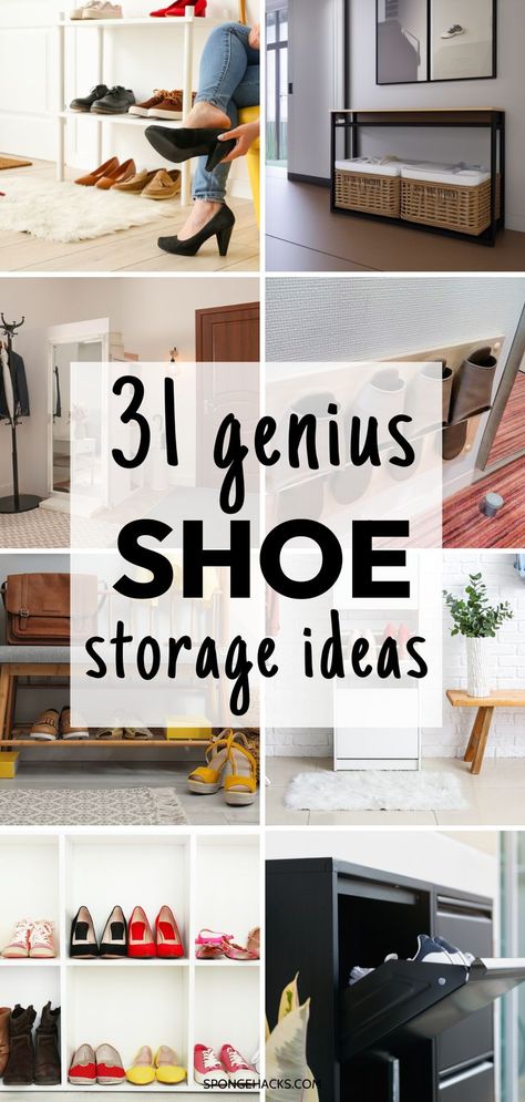 Organizing Shoes In Small Closet Storage, Shoe Storage No Closet, Shoe Storage Ideas Living Room, Shoe Storage For Guests, Unconventional Shoe Storage, Shoe Storage Ideas Mud Room, Functional Shoe Storage, Small Apartment Shoe Storage Entry Ways, Cute Shoe Storage Ideas Entry Ways