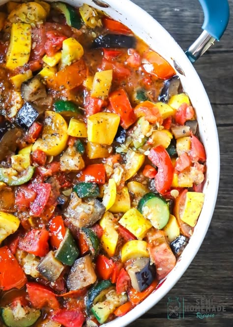 This Easy Skillet Ratatouille is my simple version of the famous French stewed vegetable dish of Ratatouille. This dish is made up of cooked eggplant, summer yellow squash, zucchini, tomatoes and seasonings. A great recipe for using up those summer vegetables. Spaghetti Squash And Eggplant Recipes, Yellow Squash And Eggplant Recipes, Eggplant And Yellow Squash Recipes, Eggplant Squash Tomato Recipe, Eggplant Skillet Recipes, Stove Top Ratatouille Recipe, Zucchini Yellow Squash Tomato Recipes, Simple Ratatouille Recipe, Butternut Squash And Eggplant Recipes