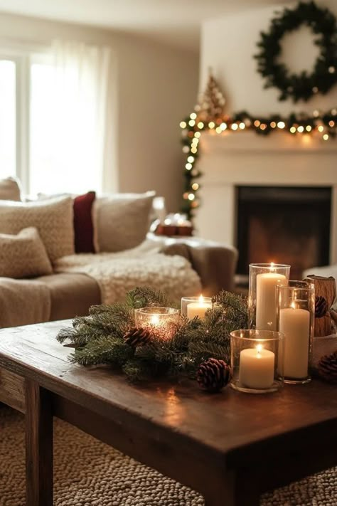 Neutral Christmas Decor Apartment, Living Room Candles Decoration, Christmas Decor Inspiration Living Room, Modern Christmas Living Room Decor, Christmas Lights Indoor Living Rooms, Christmas Home Inspiration, Christmas Decor Family Room, Christmas Studio Apartment Decor, Comfy Christmas Decor