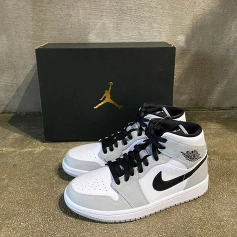 Jordan 1 Mid Light Smoke Grey Nike Air Gray, Jordans Mid, Air Jordan 1 Mid Grey, Gray Nike Shoes, Nike Shoes Air Force, Nike Shoes Girls, Jordan Shoes Girls, Gray Nike, Jordan Shoes Retro