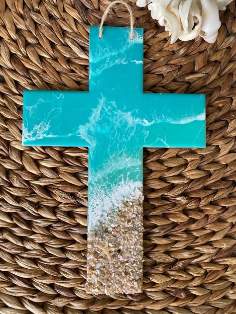 Resin Cross Coastal Cross Ocean Resin Christian Gift - Etsy Canada Resin Cross, Cross Wood, Amazing Resin, Ocean Resin, Cross Art, Resin Design, Shell Beach, Resin Ideas, Sea Glass Art