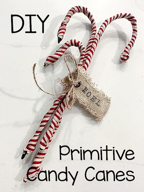 bundle of vintage candy canes How To Make Primitive Candy Canes, Fabric Wrapped Candy Canes, Primitive Candy Canes Diy, Yarn Wrapped Candy Canes, Fabric Candy Canes Diy, Candy Cane Ornaments Diy, Diy Candy Cane Ornaments, Wrapped Candy Canes, Candy Cane Diy