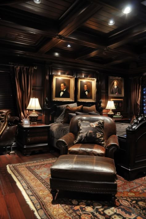 Gentleman Decor, Dark Academia Interior Design, Academia Interior Design, Bloxburg Club, Dark Academia Design, Black And Gold Decor, Room Decor Men, Classic Rooms, Dark Academia Interior