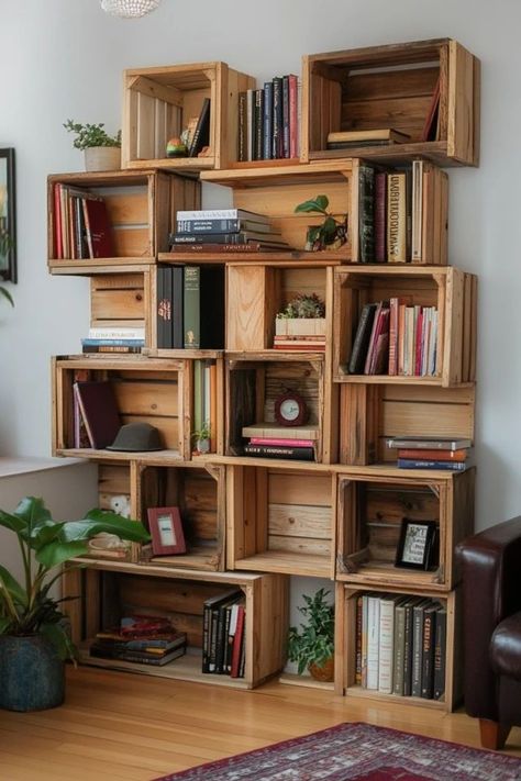 "Elevate your storage solutions with a DIY Wooden Crate Bookshelf! 🛠️📚 Perfect for organizing books, decor, and more in a rustic, creative way. 🌿✨ #DIYHome #WoodenCrates #BookshelfIdeas" Crate Bookcase Diy, Wooden Crate Storage Ideas, Book Case Diy Ideas, Diy Bookshelf Wall Small Spaces, Crate Bookshelf Diy, Diy Bookshelf Easy Cheap, Wooden Bookshelf Design, Diy Display Shelves, Creative Bookshelves Diy