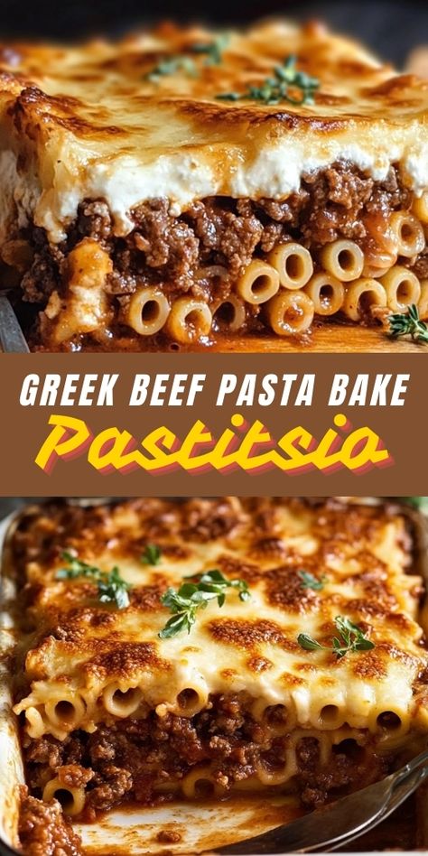 Pastitsio is a classic Greek beef pasta bake featuring layers of tender pasta, rich beef sauce, and creamy béchamel topping! 🍝🇬🇷 This hearty dish is perfect for family dinners or special occasions, offering comforting and flavorful bites in every forkful.  📌 Pin this recipe to enjoy a delicious and authentic Greek pastitsio for your next family meal! #Pastitsio #GreekCuisine #ComfortFood #BeefPastaBake #EasyDinnerIdeas #FamilyMeals Authentic Greek Pastitsio Recipe, Pastitsio Recipe Easy, Greek Cooking Greece Food Recipes, Pasticio Recipe Greek Pasta, Greek Pastitsio Recipe, Pastitsio Recipe Authentic, Beef Pasta Bake, Pastitsio Recipe, Potluck Favorites