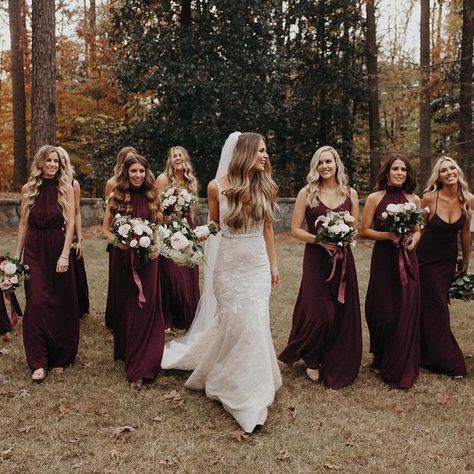 Marsala Wedding Color, November Wedding Dresses, Wine Bridesmaid Dresses, How To Dress For A Wedding, Fall Bridesmaids, Fall Bridesmaid Dresses, Autumn Bride, Burgundy Bridesmaid, Red Bridesmaids