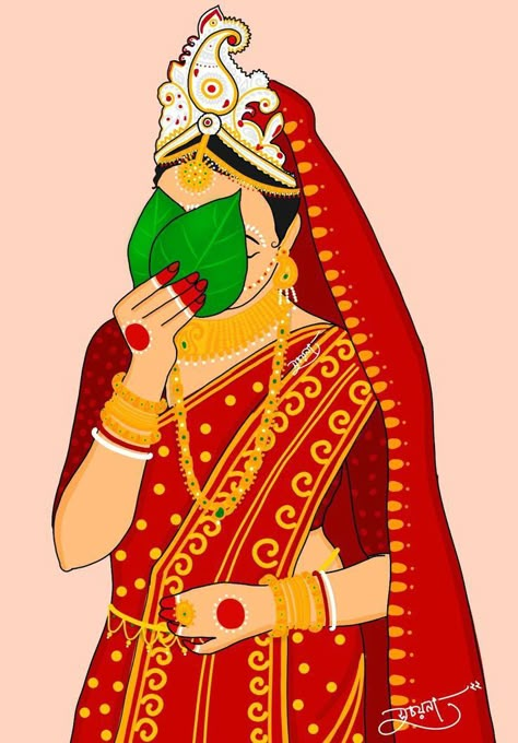 Bengali Bride Cartoon, Bengali Saree Illustration, Bengali Bride And Groom Cartoon, Bengali Bride Illustration, Bengali Wedding Illustration Art, Bengali Bride Painting, Bengali Bride Drawing, Bengali Bride Groom Illustration, Bengali Couple Illustration Drawing