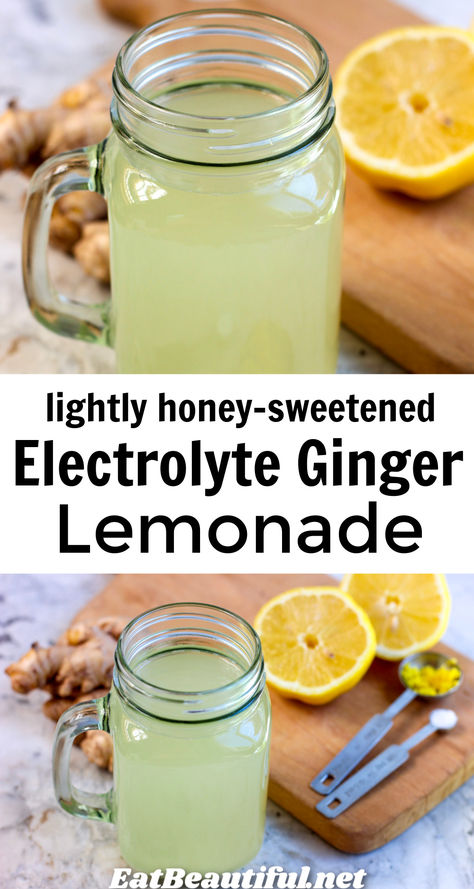 Electrolyte Ginger Lemonade is perfectly satisfying, thirst quenching, rejuvenating and delicious. You've found what just might be the quintessential electrolyte drink recipe. Enjoy when the weather is hot, or with exertion! This recipe is refined sugar-free, sweetened lightly with honey. | summer | drinks Ginger Electrolyte Drink, At Home Energy Drink, Lemon Ginger Elixer, Coconut Electrolyte Drink, Ginger Recipes Drink, Green Tea Electrolyte Drink, Ginger Lemon Water Recipes, Healthy Electrolyte Drink, Thirst Quenching Drinks