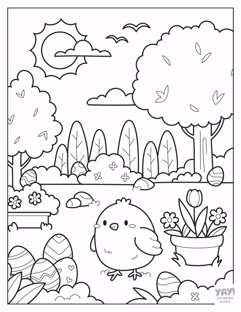 Easter egg hunt in garden with baby chick. Easter Color Pages, Cute Easter Coloring Pages, Kids Colouring Printables, Easter Coloring Pages For Kids, Egg Coloring Pages, Cute Coloring Pages For Kids, Easter Egg Coloring, Digital Colouring, Easter Egg Coloring Pages