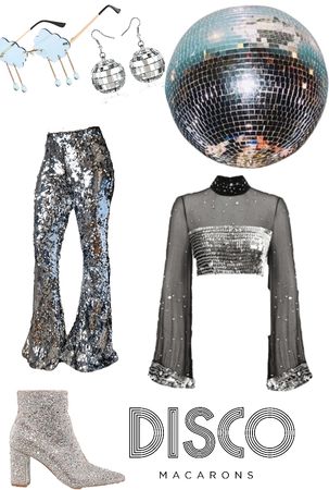 Outfit Theme Ideas For Party, Kpop Glitter Outfit, Disco Clothes Women, Disco Fashion Aesthetic, Disco Outfit Accessories, Disco Prom Theme Dress, Disco Style Ideas, Abba Disco Outfit, Disco Theme Outfit Women