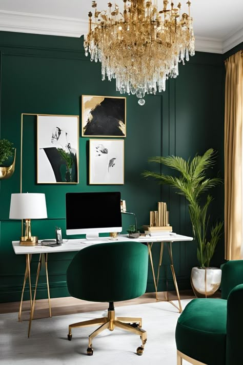 Home Office Emerald Green, Emerald Home Office, Bright Green Office, Modern Creative Office, Emerald Green Home Office, Emerald Office Decor, Emerald Green House Interior Design, Emerald Green Office Ideas, Emerald Green Office Decor