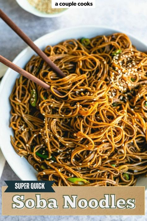 These quick soba noodles are full of flavor and easy to make! Toss them with soy, sesame, and a hint of rice vinegar for a delicious side dish or main. Pop over to our  site for the recipe! Soba Recipe, Soba Noodles Recipe, Winter Salad Recipes, A Couple Cooks, A Balanced Meal, Vegan Recipes Plant Based, Vegetarian Dinner Recipes, Vegetarian Cookbook, Couple Cooking